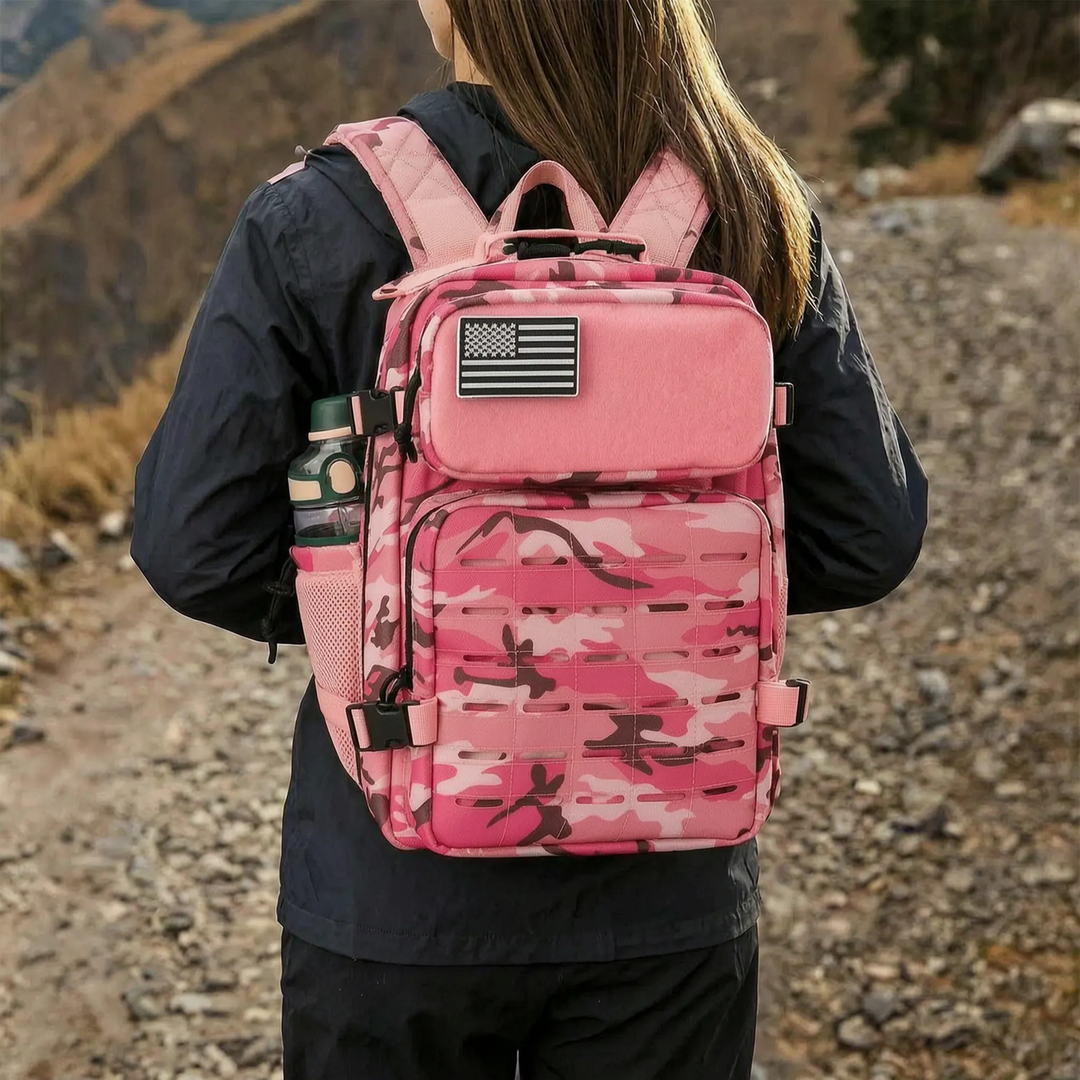 Unisex tactical MOLLE backpack with laser-cut webbing, ideal for outdoor adventures, hiking, and travel.