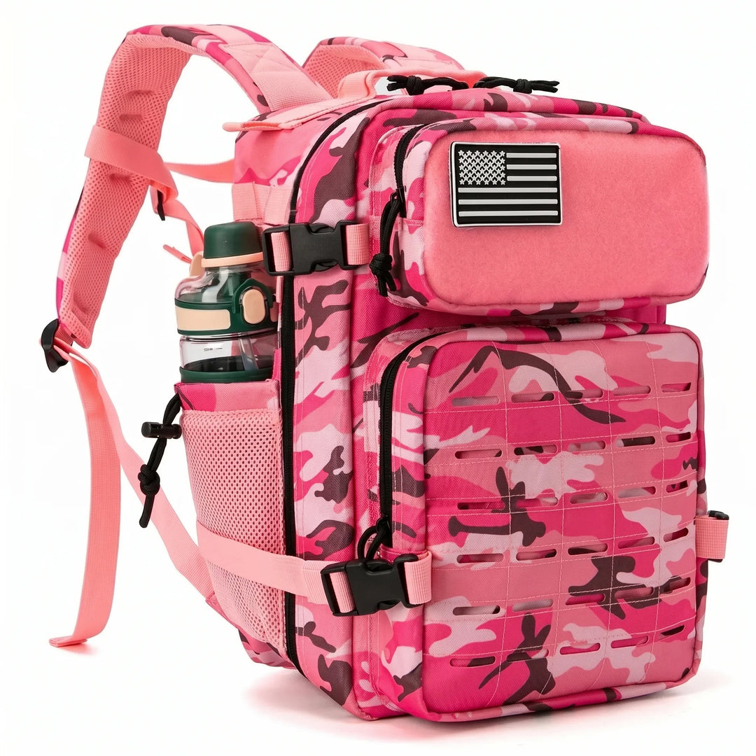 Durable tactical daypack for men & women, featuring laser-cut MOLLE webbing for camping, travel, & hiking gear.