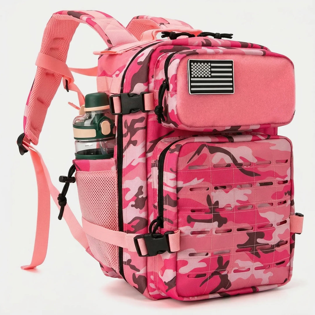 Versatile tactical MOLLE daypack with laser-cut webbing for custom gear attachment, great for hiking & travel.