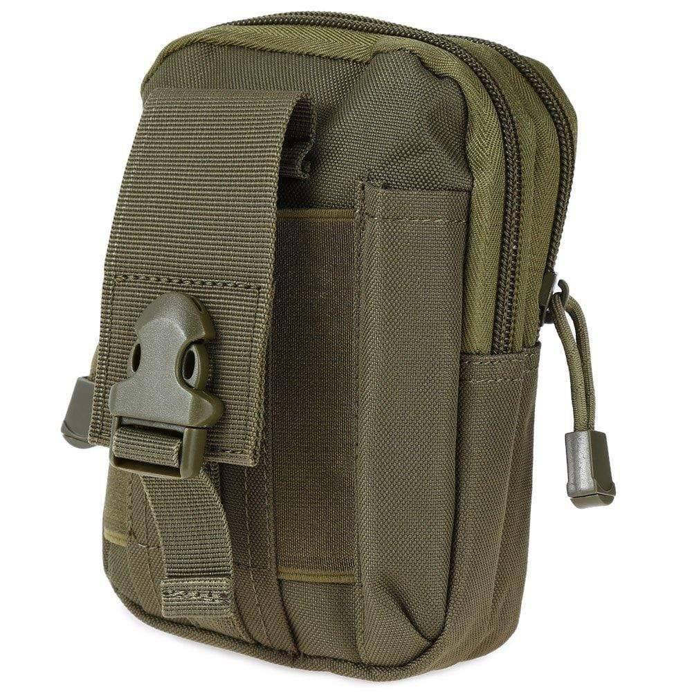 Close-up of a black tactical MOLLE belt pouch, durable EDC organizer for hiking