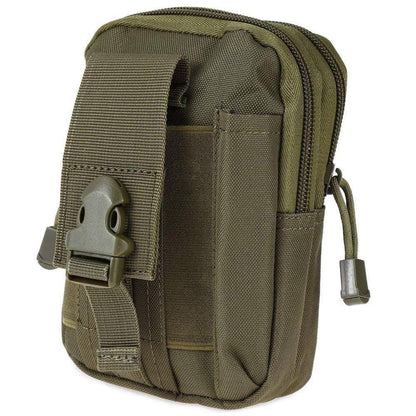 Close-up of a black tactical MOLLE belt pouch, durable EDC organizer for hiking