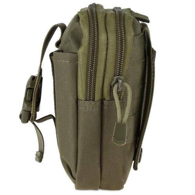 Person wearing a tactical MOLLE belt pouch, ready for camping and adventure