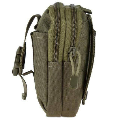 Person wearing a tactical MOLLE belt pouch, ready for camping and adventure
