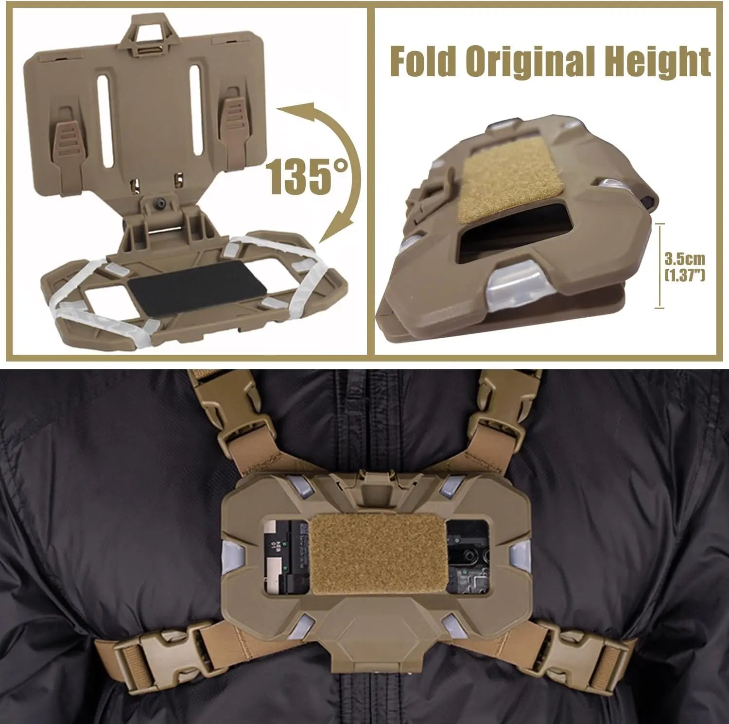 Folding phone holder chest mount for tactical gear and outdoor activities