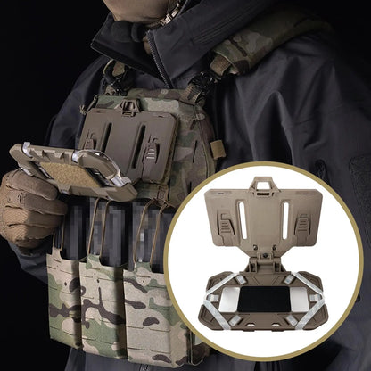Close-up of MOLLE phone holder on chest, perfect for tech accessory needs