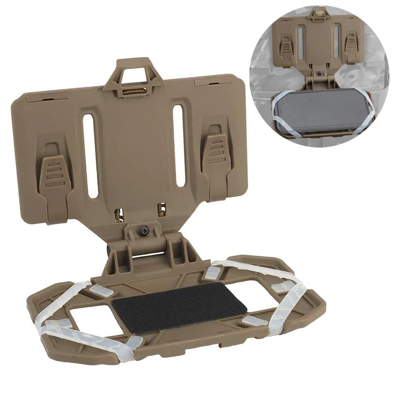 Black tactical MOLLE folding phone holder chest mount, versatile utility pouch