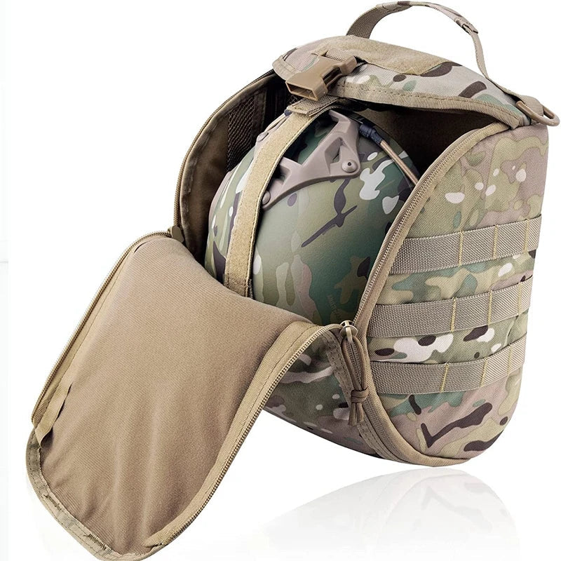 Unisex tactical MOLLE helmet bag in durable nylon, ideal for military gear and outdoor equipment storage