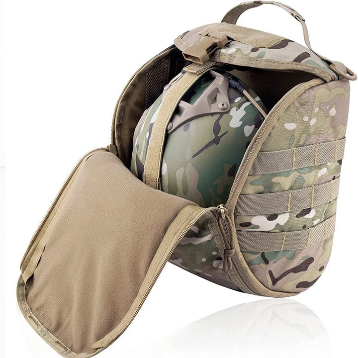 Unisex tactical MOLLE helmet bag in durable nylon, ideal for military gear and outdoor equipment storage