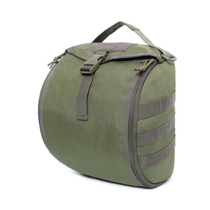 Rugged tactical MOLLE bag designed to carry helmets, made from durable, weather-resistant nylon
