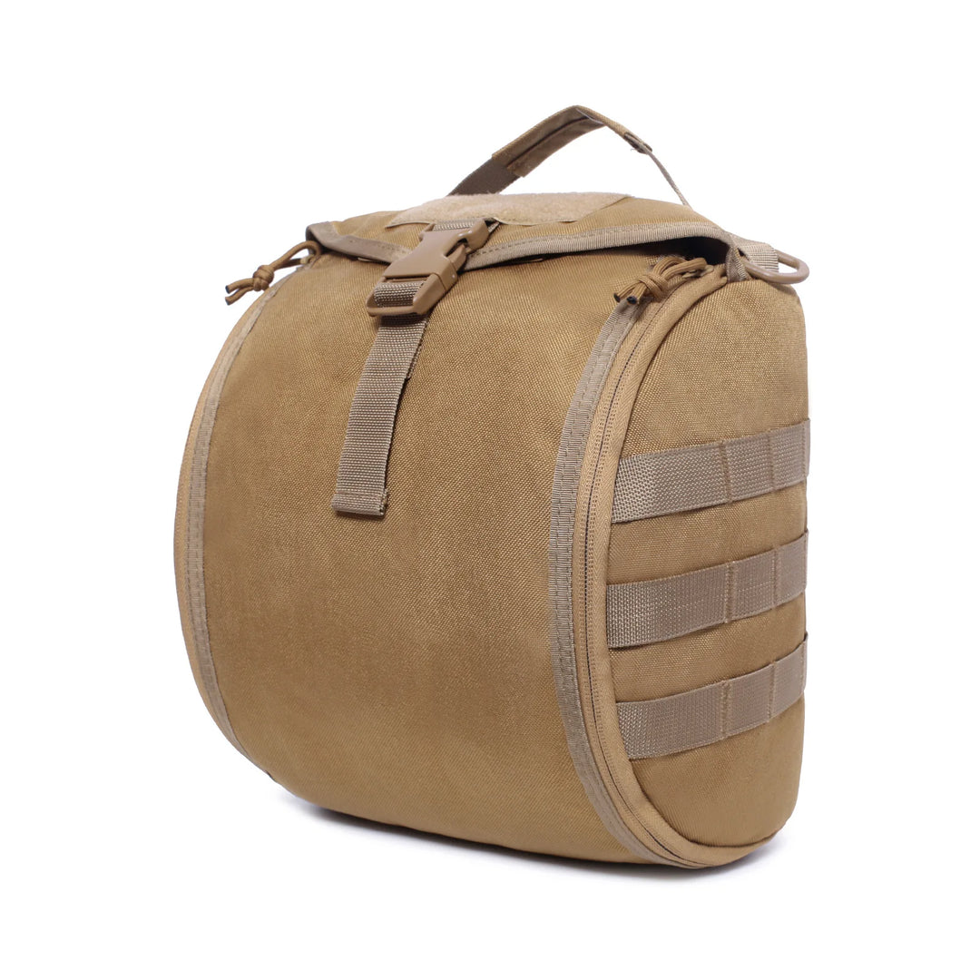 Side view of the tactical MOLLE helmet carrier, highlighting its spacious design for secure helmet storage