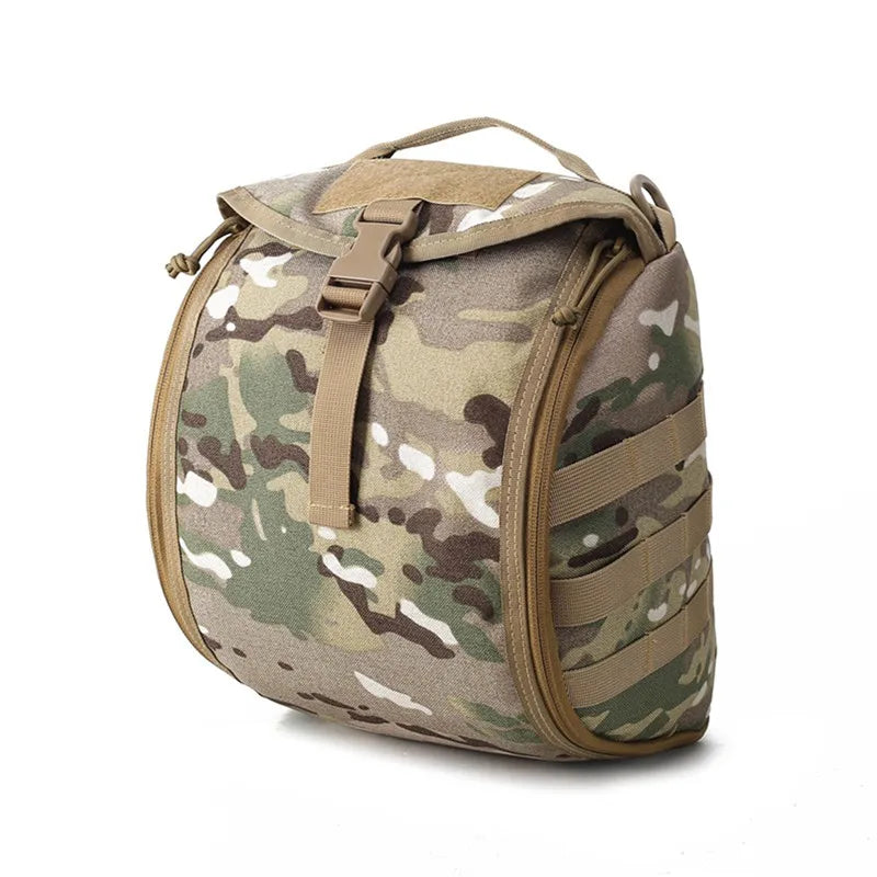 Empty tactical MOLLE helmet bag, demonstrating its lightweight and foldable design for easy transport