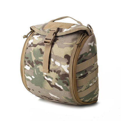 Empty tactical MOLLE helmet bag, demonstrating its lightweight and foldable design for easy transport