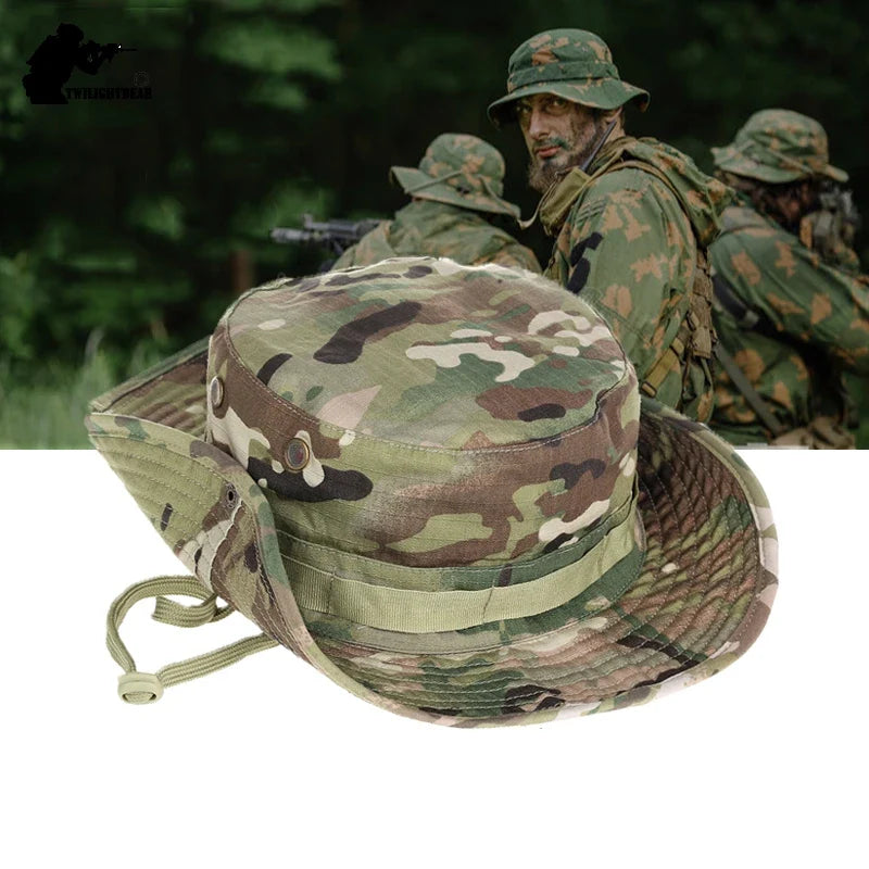 Unisex tactical outdoor boonie hat in green camo, sun protection for hunting & hiking