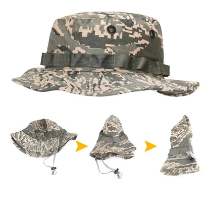Close up of tactical boonie hat, showing durable fabric and ventilation eyelets