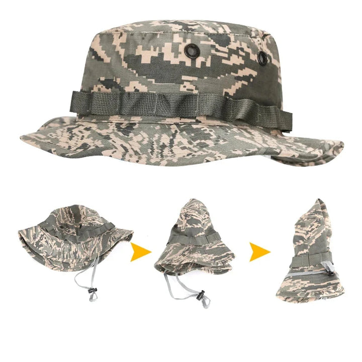 Close up of tactical boonie hat, showing durable fabric and ventilation eyelets