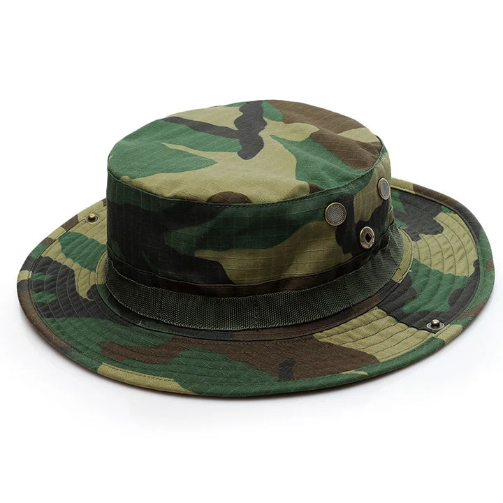 Top-down view of tactical boonie hat, highlighting brim and shape for sun defense