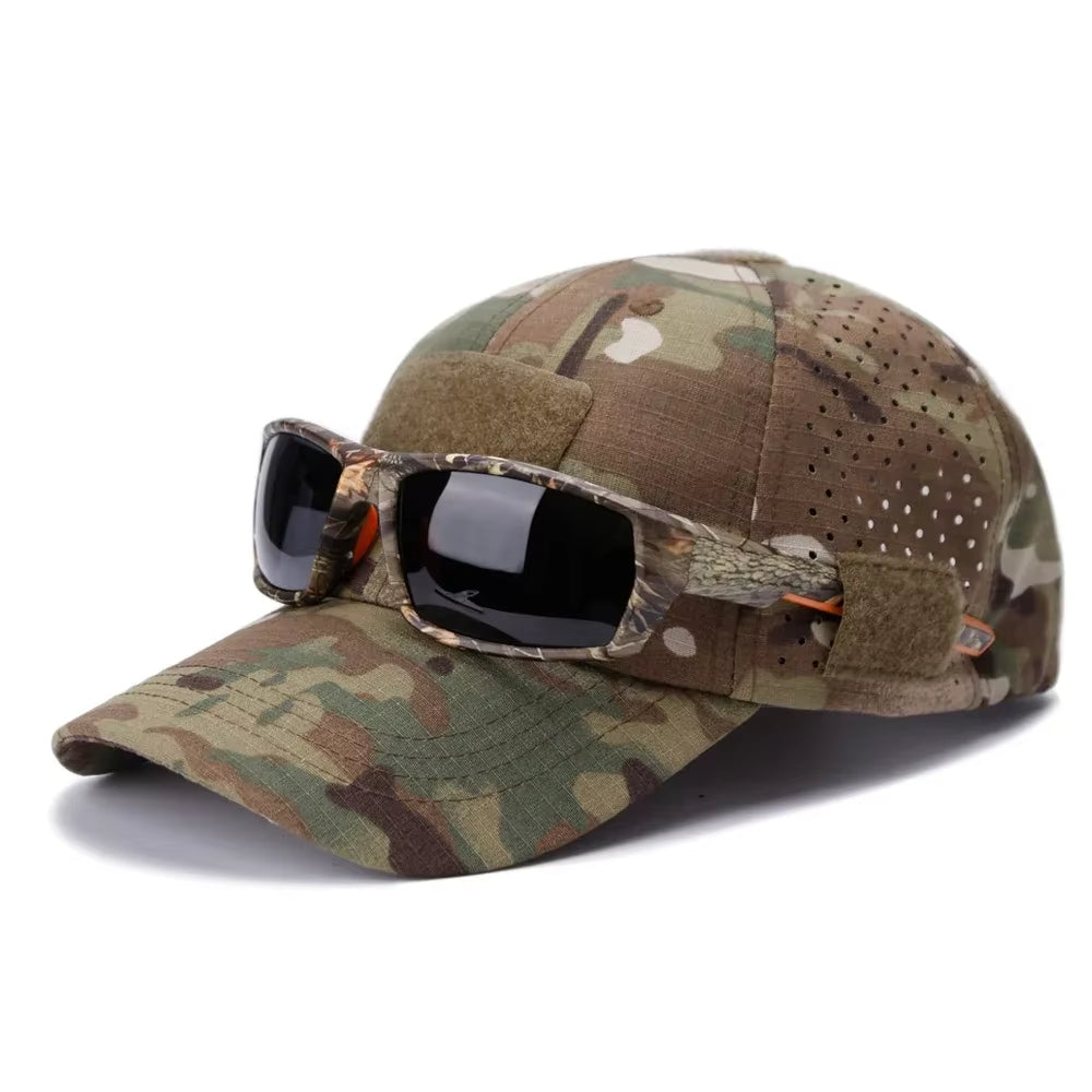 Unisex tactical outdoor performance cap in ripstop fabric with a convenient sunglass slot for adventure & sun protection.