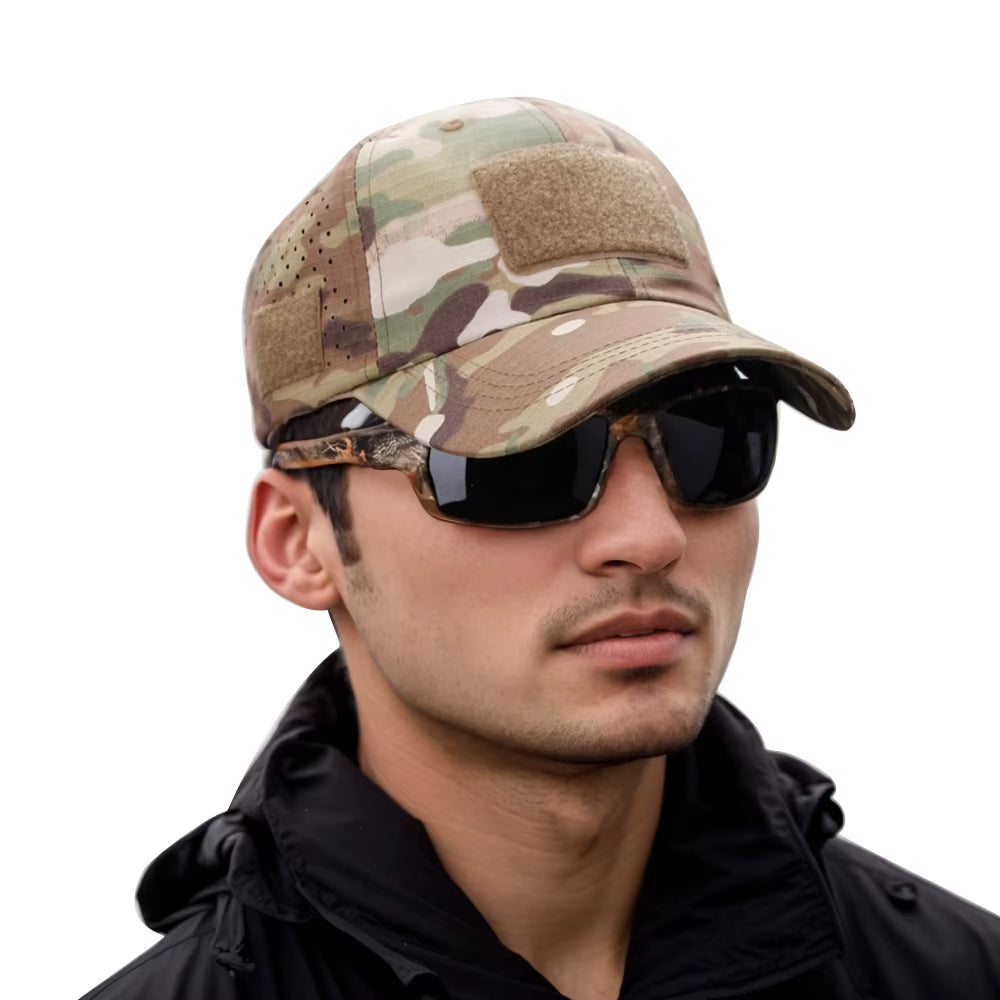 Camo tactical outdoor performance cap, ripstop, with sunglass slot. Ideal for sun protection and adventure gear.