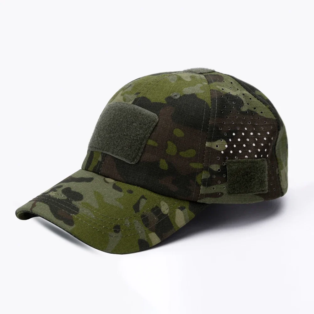 Front view of a rugged black tactical performance cap with an integrated sunglass slot, ideal for sunny outdoor use.