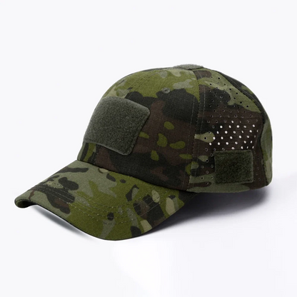 Front view of a rugged black tactical performance cap with an integrated sunglass slot, ideal for sunny outdoor use.
