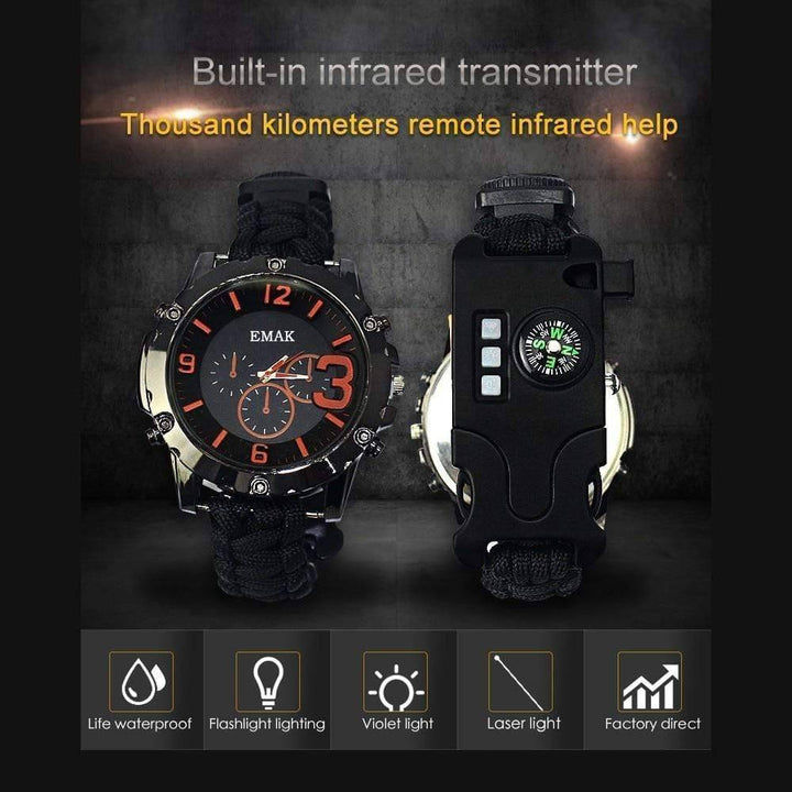 Unisex tactical paracord survival watch with integrated compass, suitable for outdoor adventure and emergency