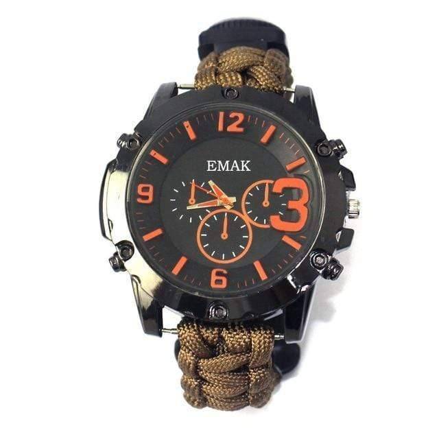 Detailed view of a 10-in-1 survival gear watch, showcasing its paracord, whistle, and fire starter features