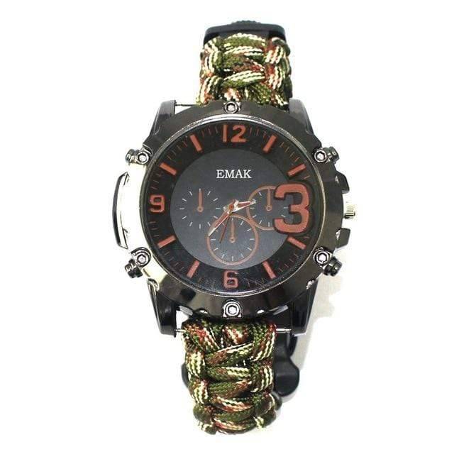 Survival watch with adjustable paracord strap, featuring a bright LED flashlight for low-light emergencies