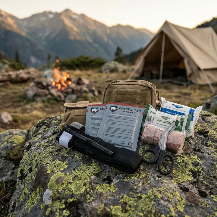 Unisex tactical trauma first aid kit for emergency preparedness, survival gear, and outdoor safety.