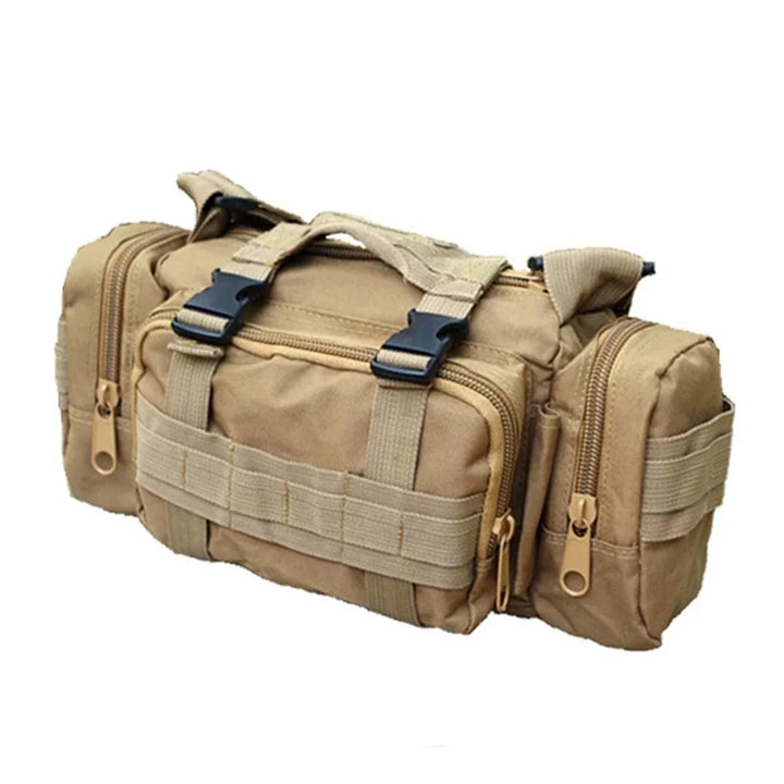 Group of tactical waist bags in various colors: black, olive, tan, for diverse outdoor use