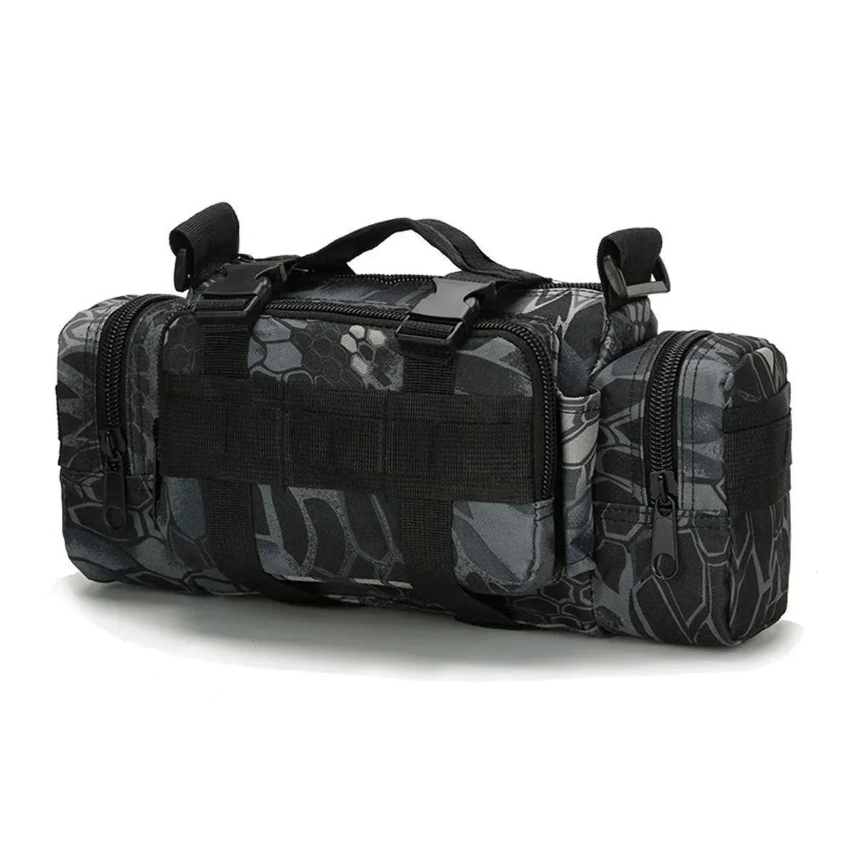 MOLLE system detail on tactical waist bag, allowing customization with additional pouches