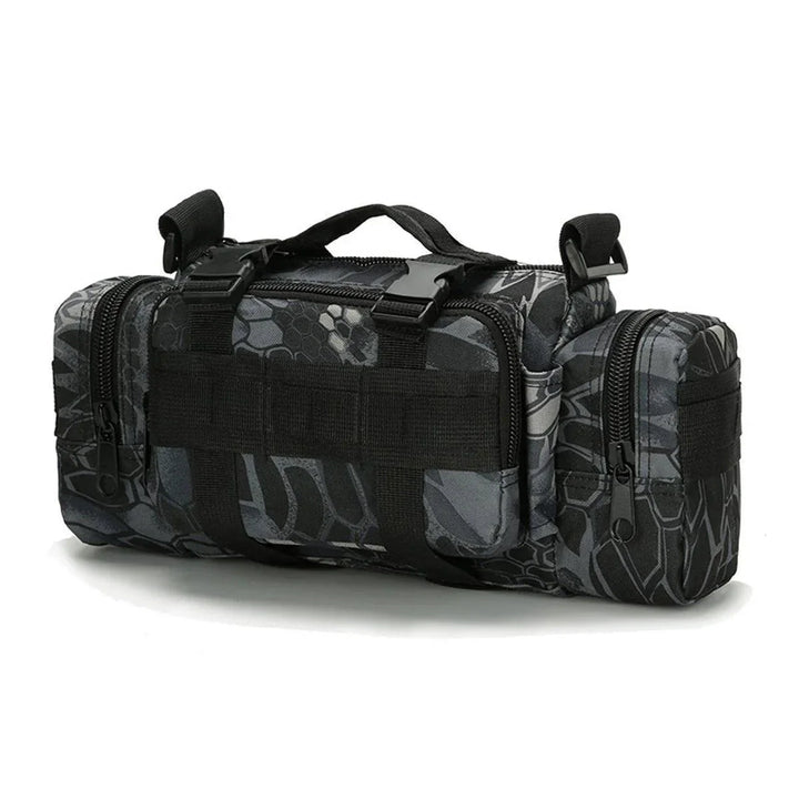 MOLLE system detail on tactical waist bag, allowing customization with additional pouches