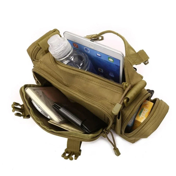 Close-up of tactical waist bag zipper pocket, showing durable fabric & outdoor utility