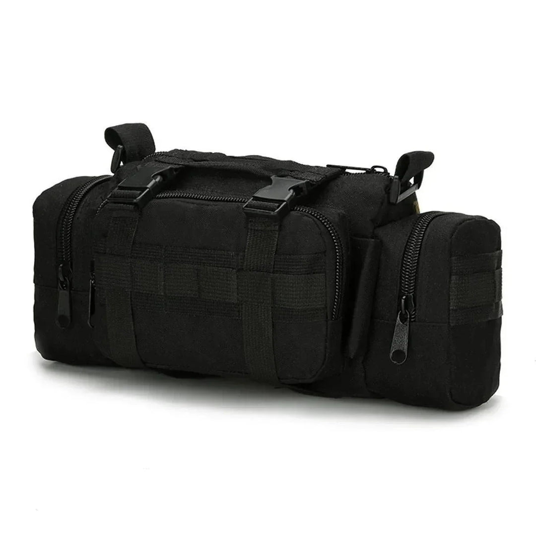 Water-resistant tactical waist bag, front view, showcasing secure buckles and hiking gear