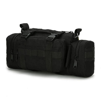 Water-resistant tactical waist bag, front view, showcasing secure buckles and hiking gear