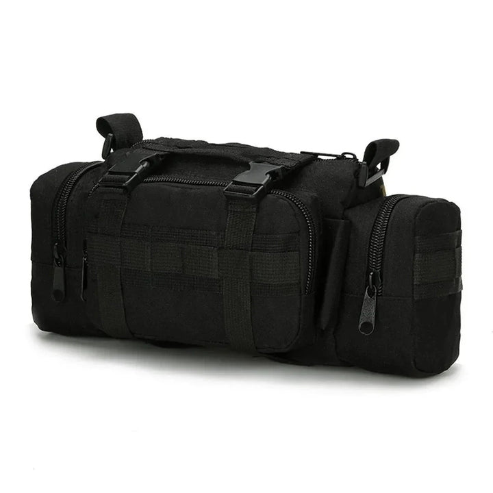 Water-resistant tactical waist bag, front view, showcasing secure buckles and hiking gear