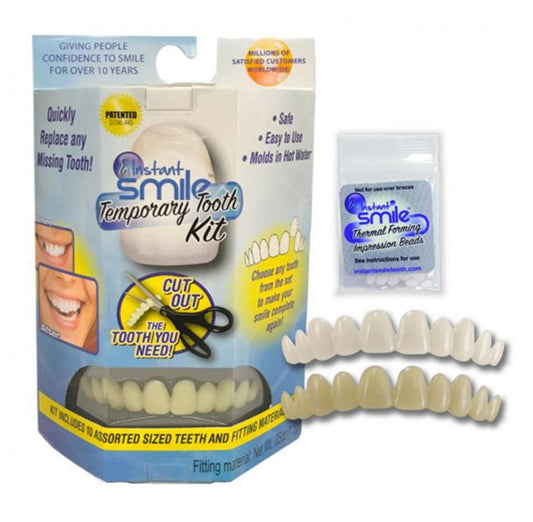 Unisex temporary false teeth providing a natural look for an instant, confident smile. High-quality cosmetic veneers.