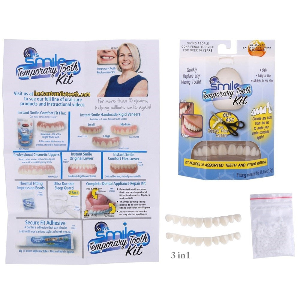 Unisex natural-look temporary false teeth, designed as cosmetic veneers for an instant, confident smile enhancer.