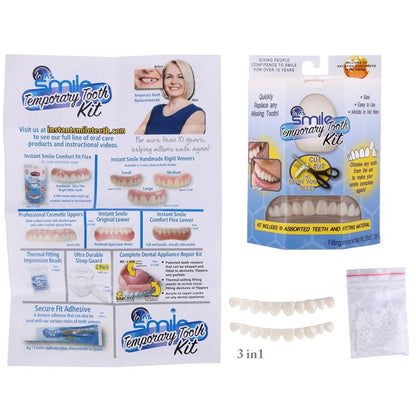 Unisex natural-look temporary false teeth, designed as cosmetic veneers for an instant, confident smile enhancer.