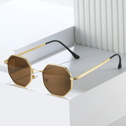 Stylish geometric shades with gold frame, brown lenses, unisex eyewear.