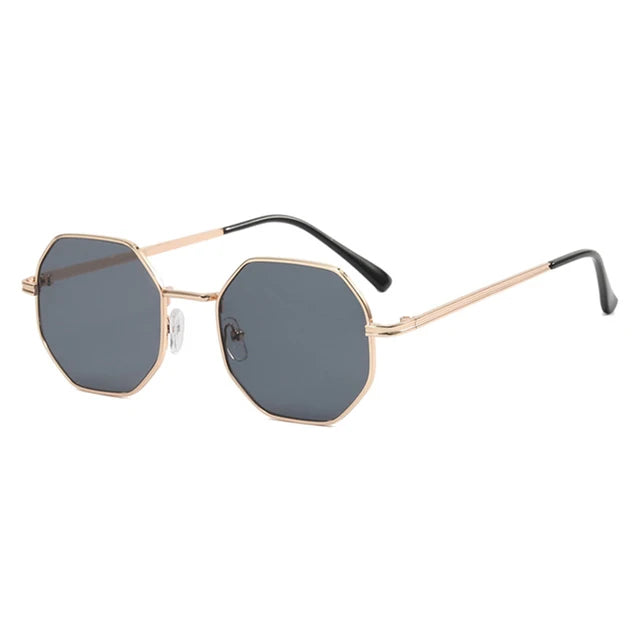 Stylish black frame tetragon sunglasses, blue lenses, UV protection.
