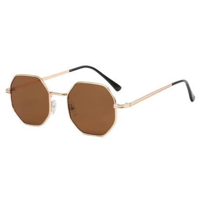 Unisex gold frame tetragon eyewear, brown UV protection lenses.