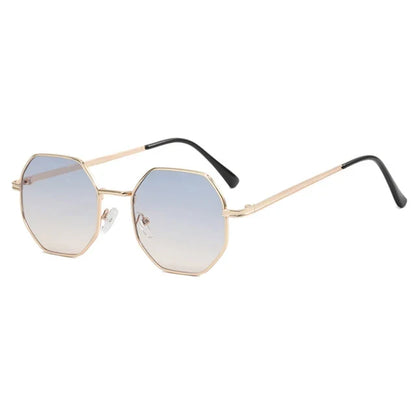 Geometric black frame shades, blue lenses, unique unisex style.