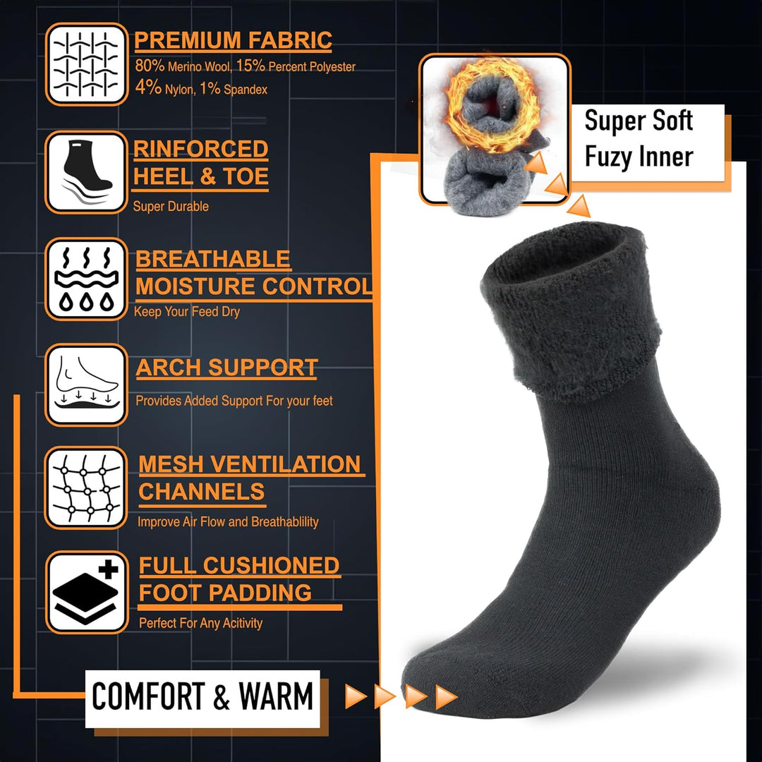Thick, cozy thermal socks providing extreme insulation for winter boots, protecting feet from bitter cold.