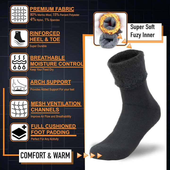 Thick, cozy thermal socks providing extreme insulation for winter boots, protecting feet from bitter cold.