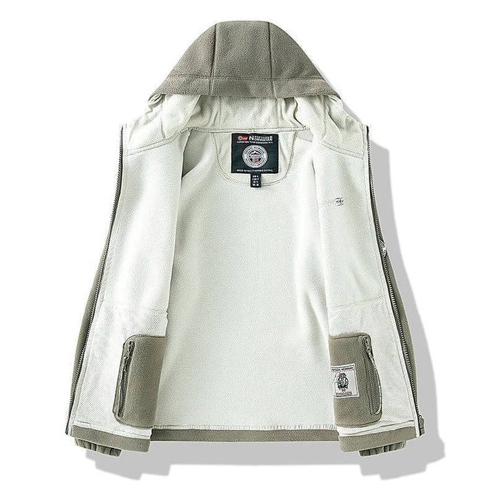 Front view of black unisex thermal fleece tactical jacket, ideal windproof outdoor sports coat