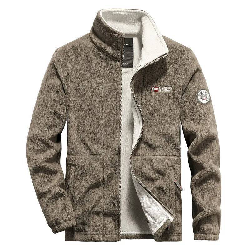Side view of a unisex thermal fleece tactical jacket, designed for windproof outdoor activities
