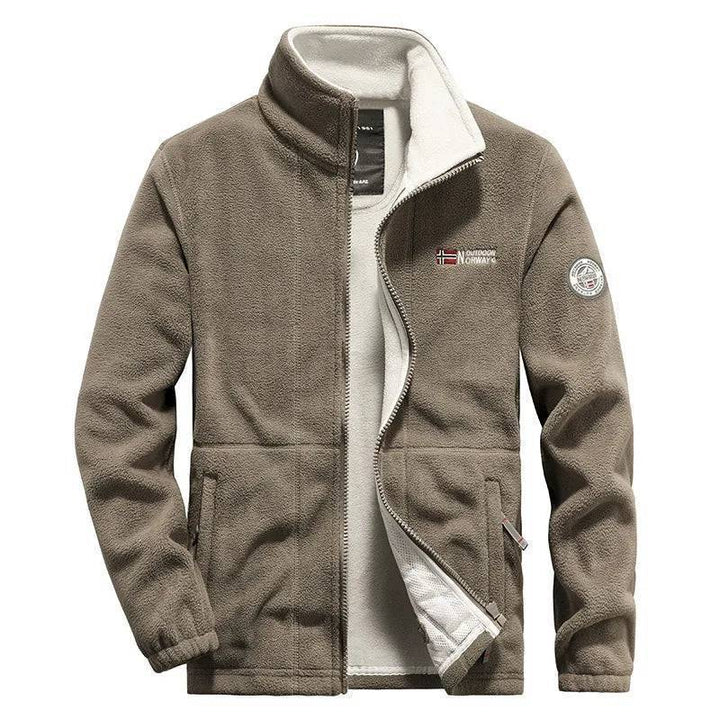 Side view of a unisex thermal fleece tactical jacket, designed for windproof outdoor activities