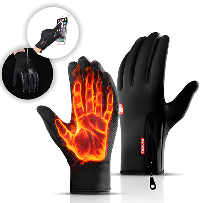 Windproof, waterproof, fleece-lined thermal gloves with touch screen fingers.