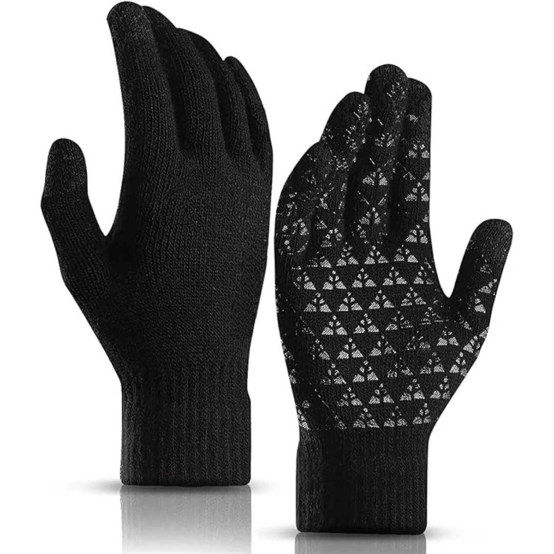 Flexible unisex thermal gloves with touchscreen for winter comfort & grip.
