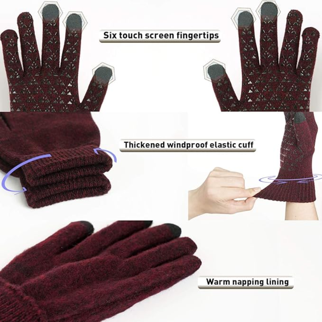 Soft knit thermal touchscreen gloves for winter, providing warmth & device access.
